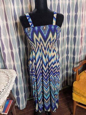Romantic SiNi Blue Chevron Smocked Maxi Dress XL Boho Beach